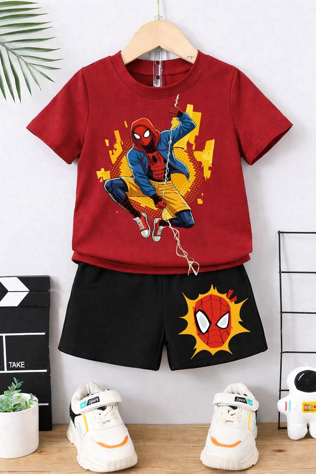 Red Spider man Printed Summer T-Shirt Short Set For Boys