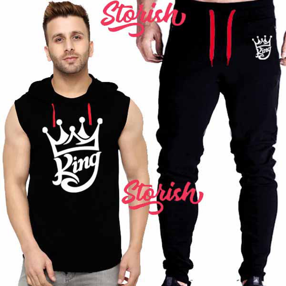 Black Vinyl King Printed Gym Summer Hooded Sleeveless Tracksuit for Mens (Hooded Tshirt + Trouser )