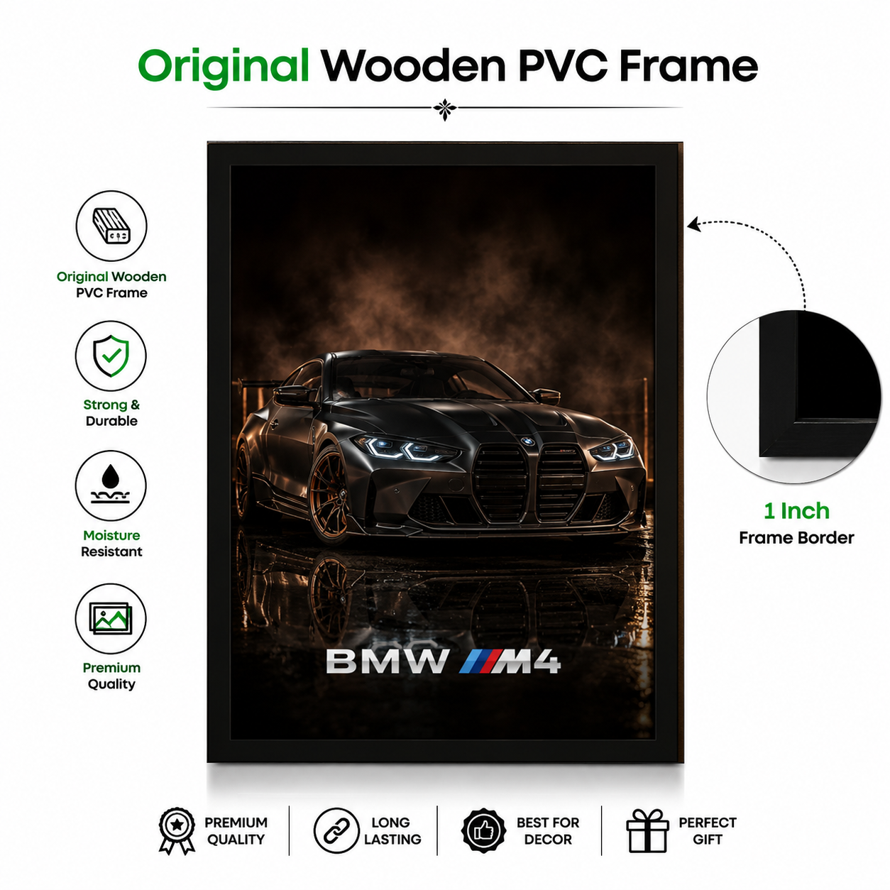 BMW M4 Wooden PVC Frame | Premium Car Wall Frame | HD Sports Car Wall Art | Black Frame | Home & Office Decor