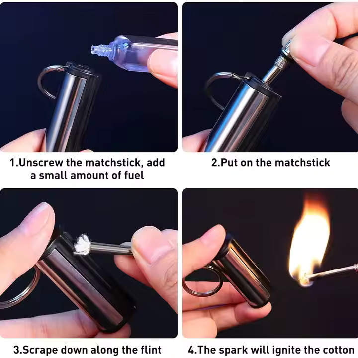 Survival Flint Fire Starter Keychain Lighter – Portable Flint Match Lighter, Windproof & Waterproof for Camping & Hiking – Kerosene Refillable Fire Starter Lighter