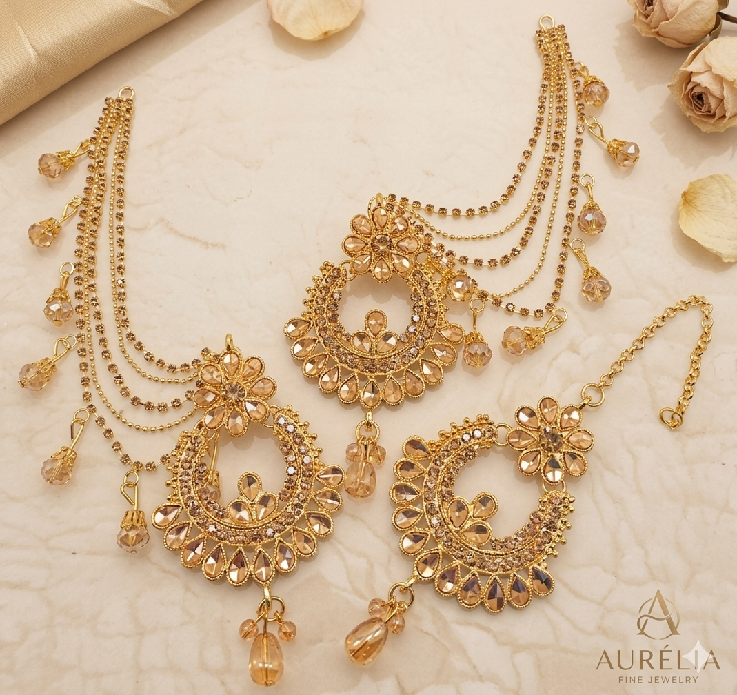 New collection Fashionable Stylish designs Kundan Jewelry Earrings with tika with sahara for beautyfull girls001011.