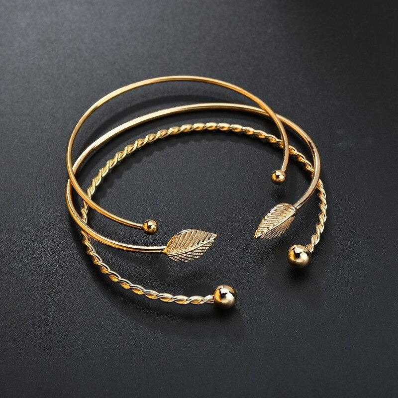 Elegant Leaf Open Bangle Bracelet for Women 3pcs-Set