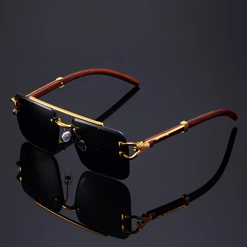 Luxury Leopard Pattern Frameless Glasses for Men and Women, Black Mirrored PC Lenses, Metal Hinge, Wood Grain Support, Fashionable Hiking Eyewear for Travel and Parties