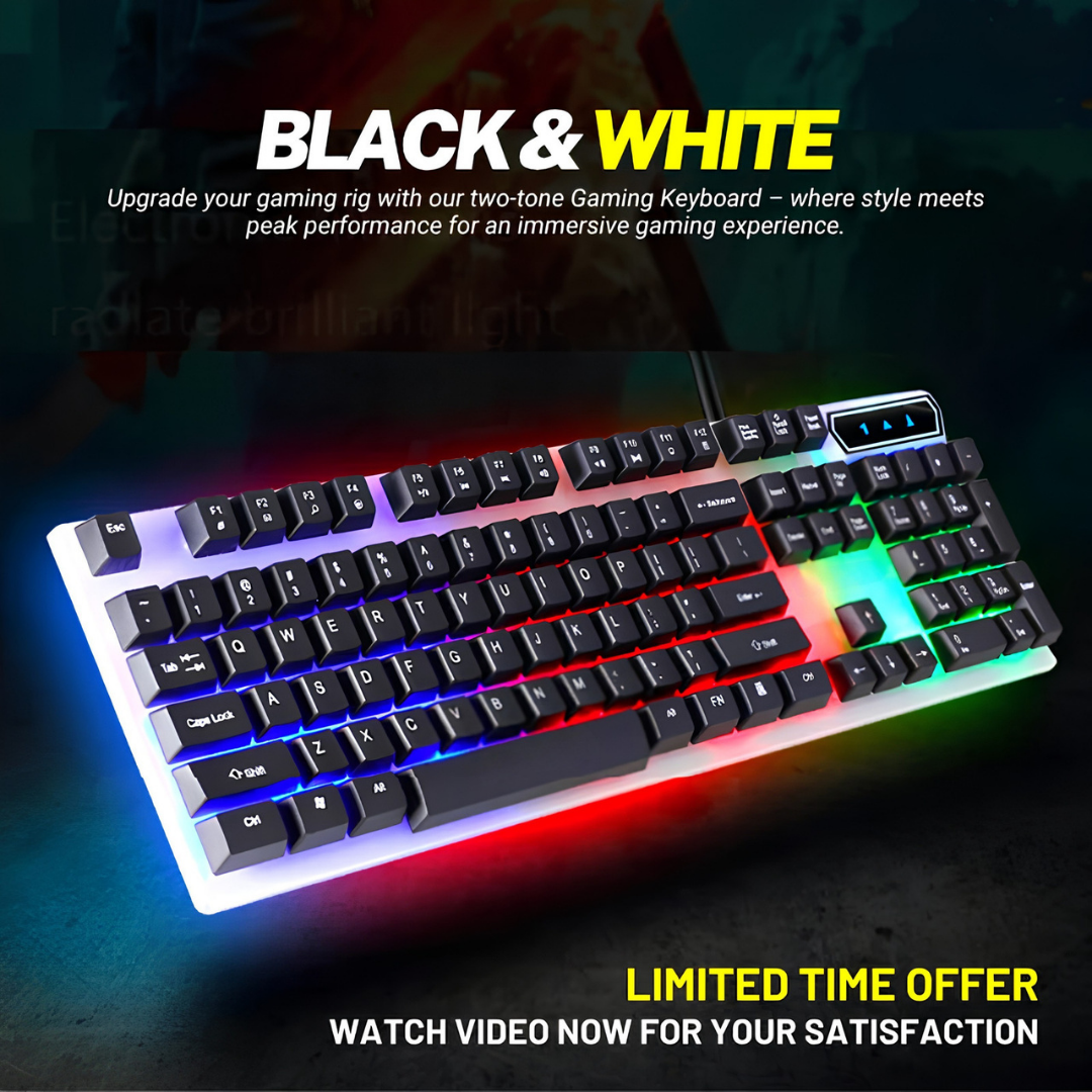RGB Wired Gaming Keyboard Two Tone Black White Mechanical Feel USB Keyboards | Splash Proof Ergonomic Floating Keycaps Fast Film Switch Multimedia Hotkeys LED Backlight for Desktop PC Computer Laptop Gamer Battle Station Streamer – One Click Pick