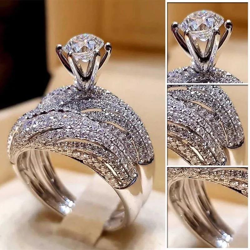 Trendy High Class Silver 2 Pieces Gem CZ Ring For Women