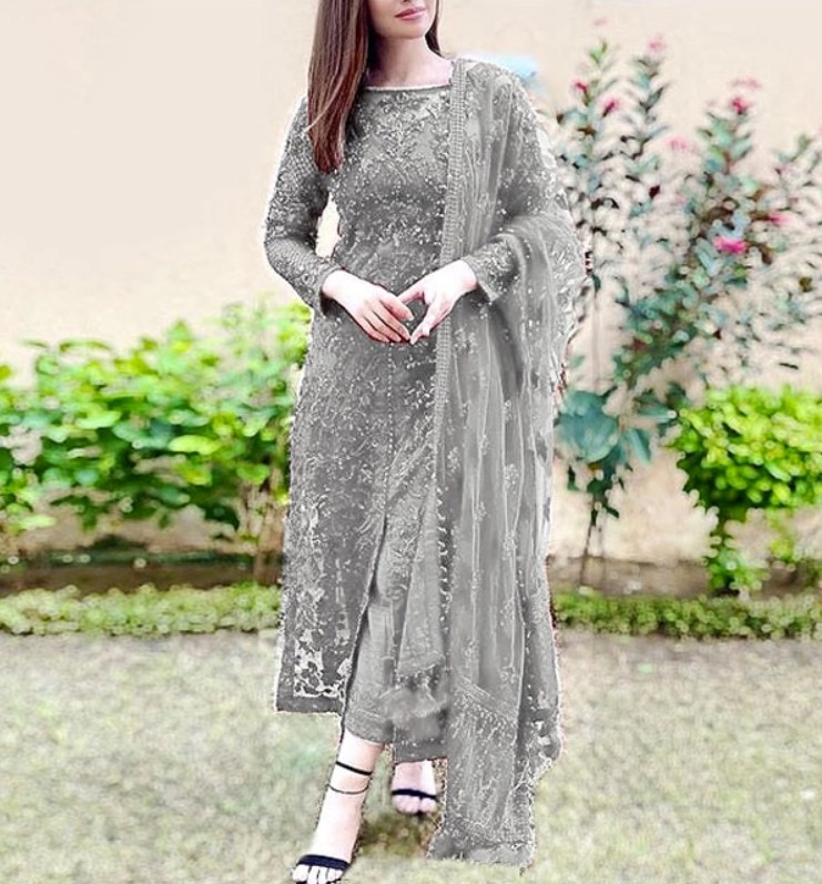 Heavy Embroidered Grey Net Formal Wedding Dress Unstitched C 466 Daraz.pk