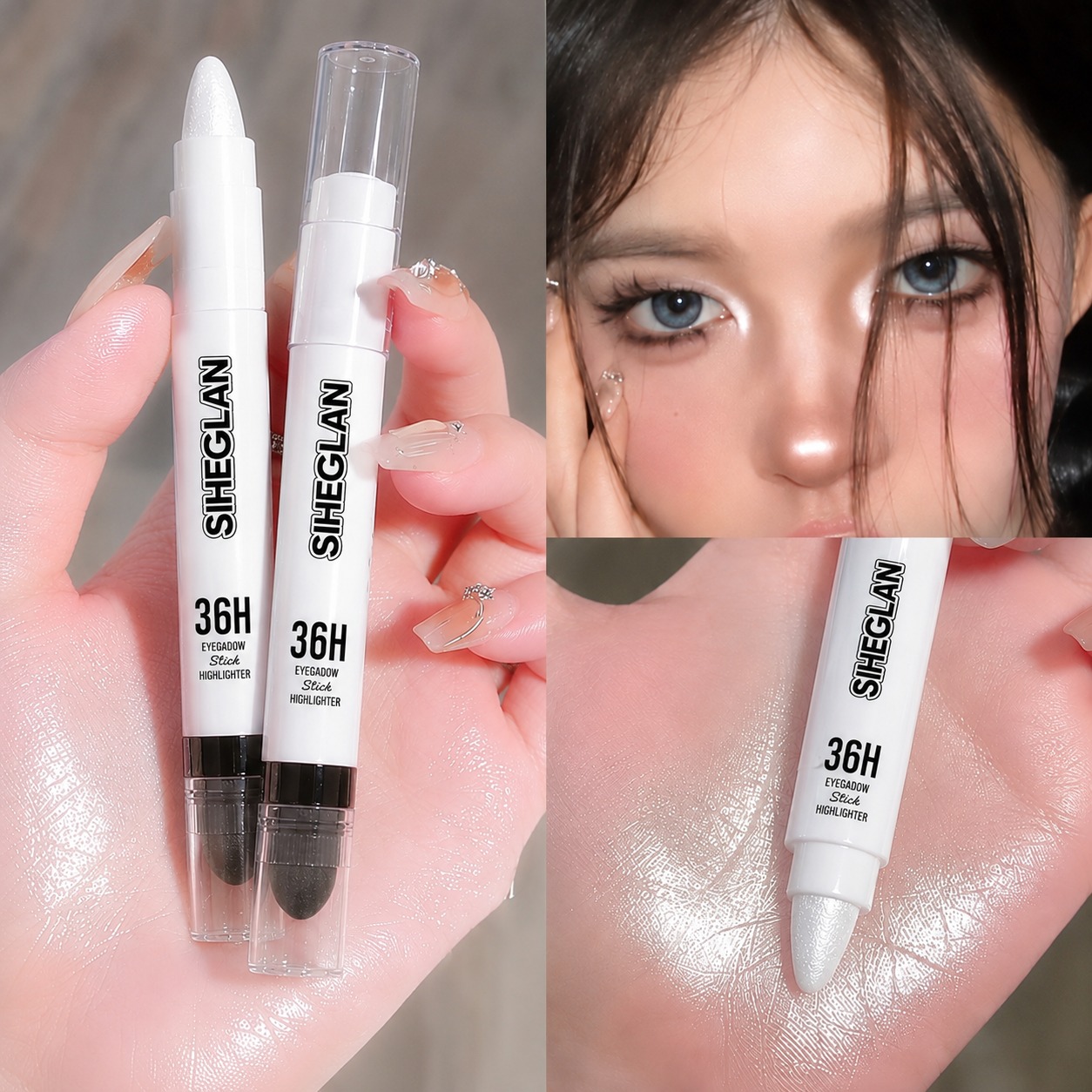 SIHEGLAN Original 2 in 1 Waterproof Silver Pearlescent Highlighter Pen with Blending Sponge | Long Lasting Shimmer Eyeshadow Stick, Eye Brightener & Aegyo-Sal (Silkworm) Makeup