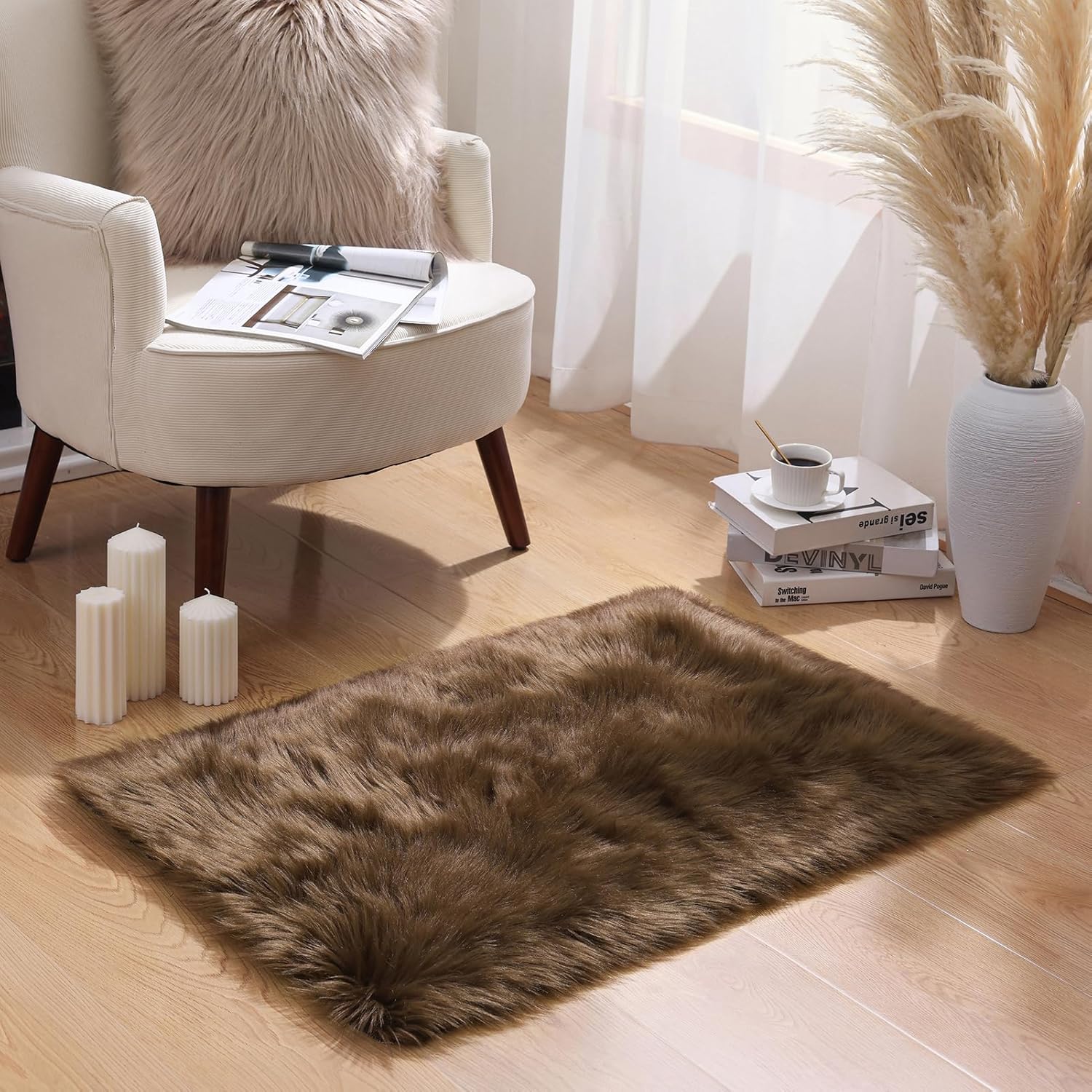 Soft Fluffy Faux Fur Rugs for Bedroom Bedside Rug, Washable, Furry Sheepskin Area Rug for Living Room Girls Room, Luxury Shag Carpet Home Decor, Pink 16X24 Inch