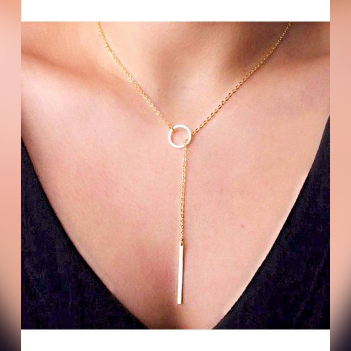 Exclusive Golden Bar Hollow Circle Chain Charm Wedding Long Strip Pendant Necklace For Women & Girls