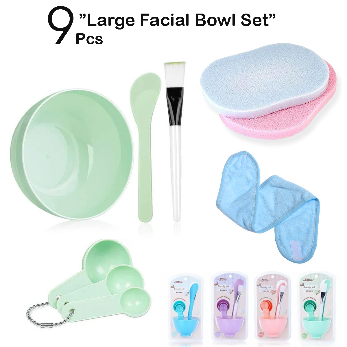 9 in 1 Pcs Facial Bowl Set - Brush Stick Mask Mixing Bowl Headband Hairband Sponge Cleansing and Makeup Remover Facial Puff Soft Wet Foam Beauty Blender Pad Large Size Face Wash Cleaner Accessories Cleanser Girls Women Ladies Hair Wrap Toweling Head Band