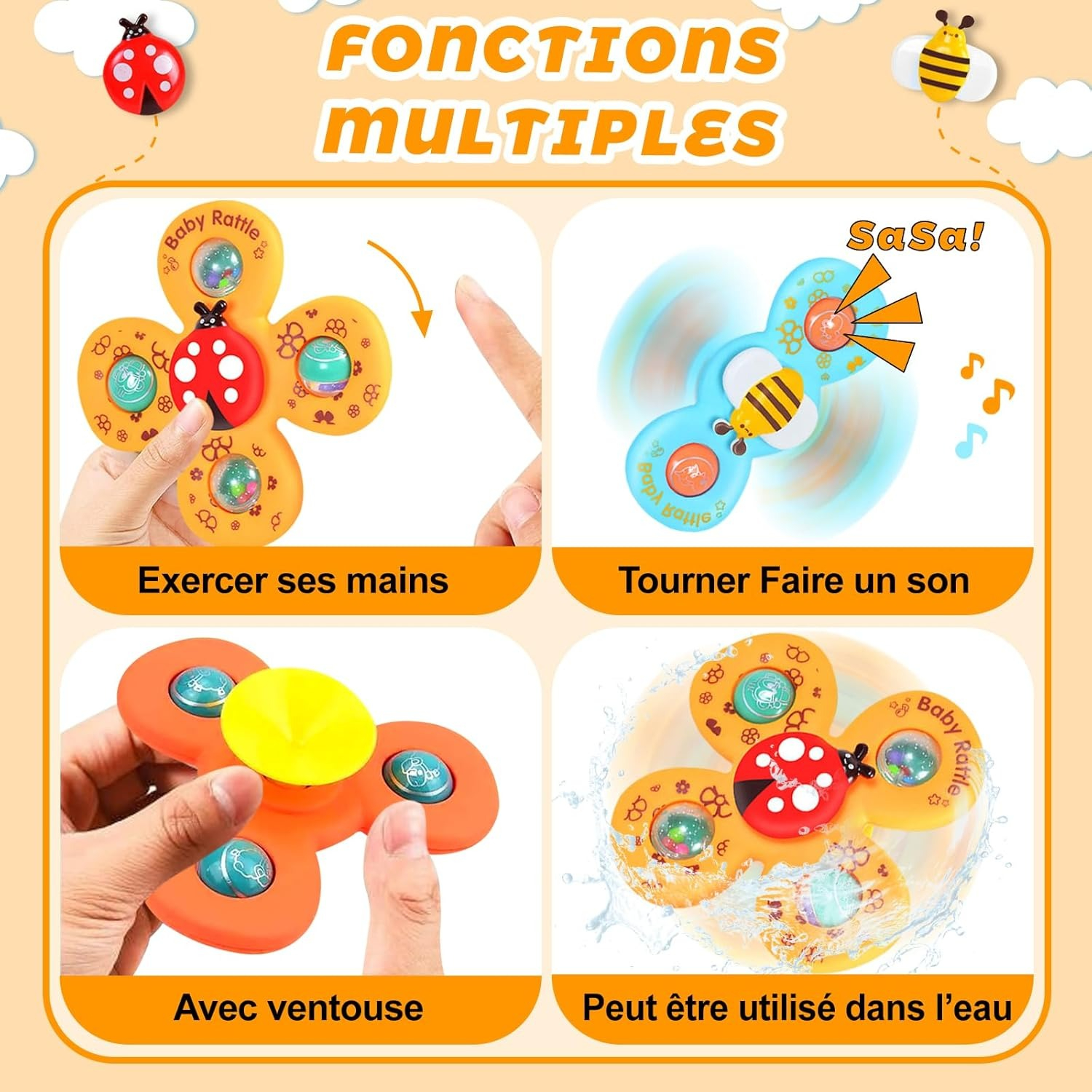 3pcs Baby Rattles Set with Suction Cup Spinner Toy for On-the-Go Fun deal for Travel, Dining Table, and Bathroom Use