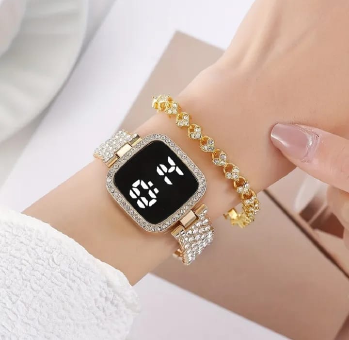 Full Diamond Touch Screen LED Watch Steel Chain with Diamonds Ladies Watches for Female Women Girls