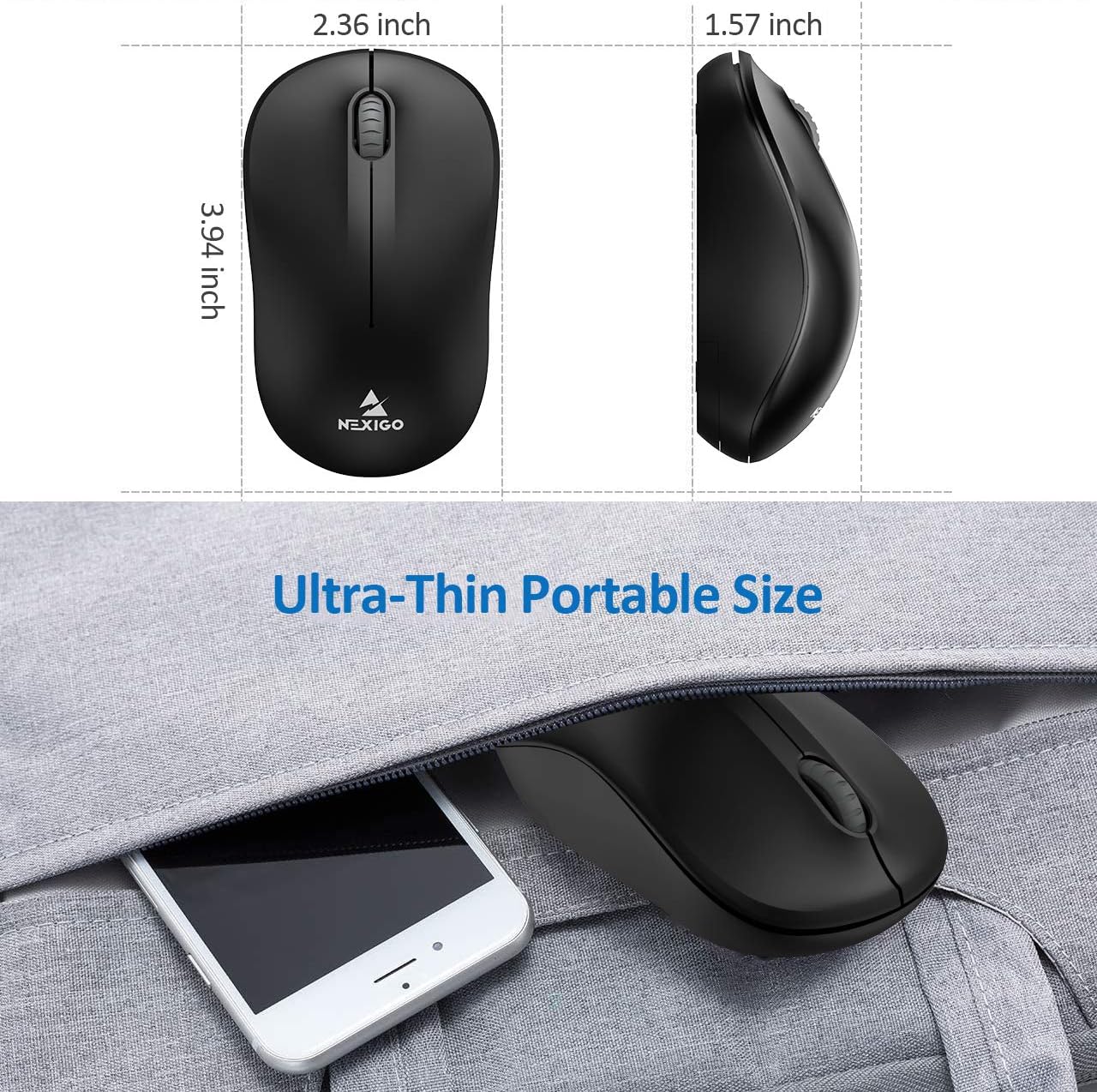OKS® - NXG-WMS01 NexiGo 2.4G Wireless Mouse, Portable Mobile Optical Office Mouse with USB Receiver, Travel Cordless Mouse for Notebook, PC, Laptop, Computer, MacBook (Black)