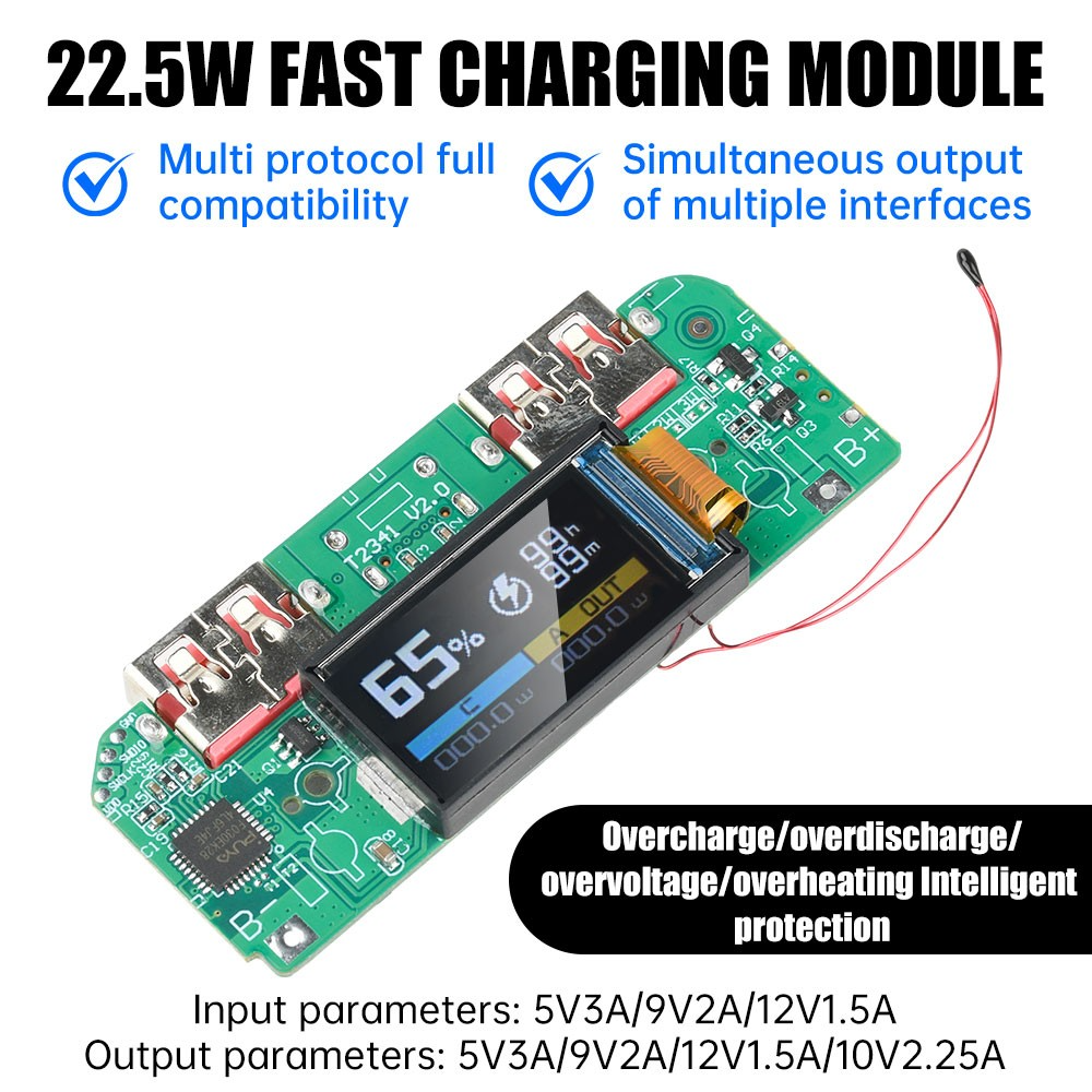 22.5W Fast Charging Module TFT Color Screen Digital Display Mobile Power 3.7V Ternary Lithium Battery Motherboard DIY Recharge Multi Feature Display (Volt, Ampere, Real Time, Watt) 1 Input C-Type & 2 USB-A Type-C PD, QC, APPLE, FCP, SCP, VOOC Protocols