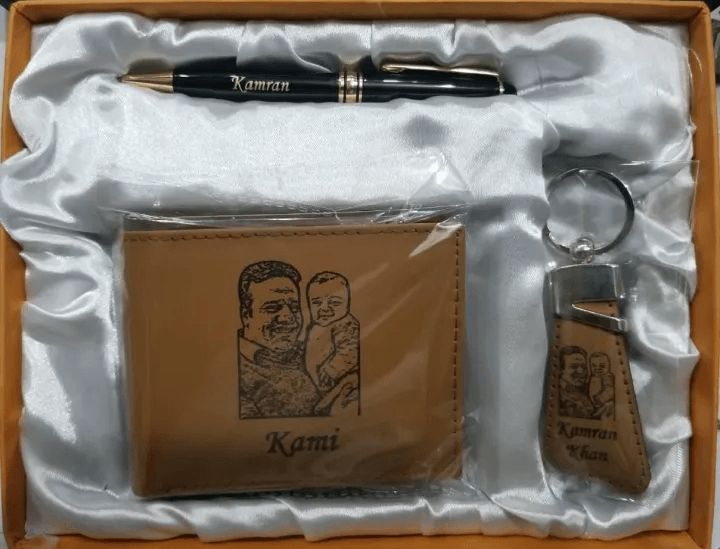Customized Laser Sketch Photo & Name Men's Wallet, Pen & Keychain 3-in-1 Gift Box Set - Personalized Picture Line-Art Engraved Executive Combo Gift Pack for Men, Husband, Father, Boss