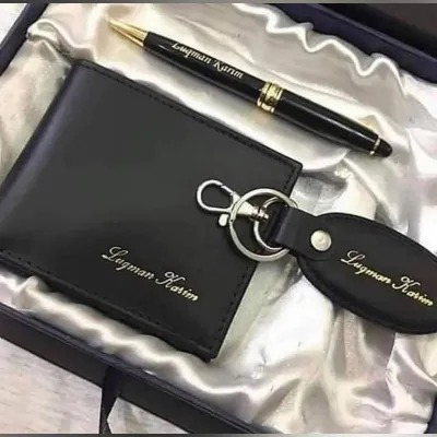PU Leather Personalized Wallet for Men Gift Set - Custom Name Engraved Keychain and Pen with Box