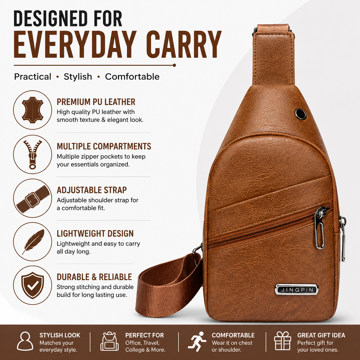 Men's PU Leather Crossbody Sling Bag | Casual Chest Shoulder Travel Messenger Bag | Multiple Zipper Pockets | Adjustable Strap | Brown & Black