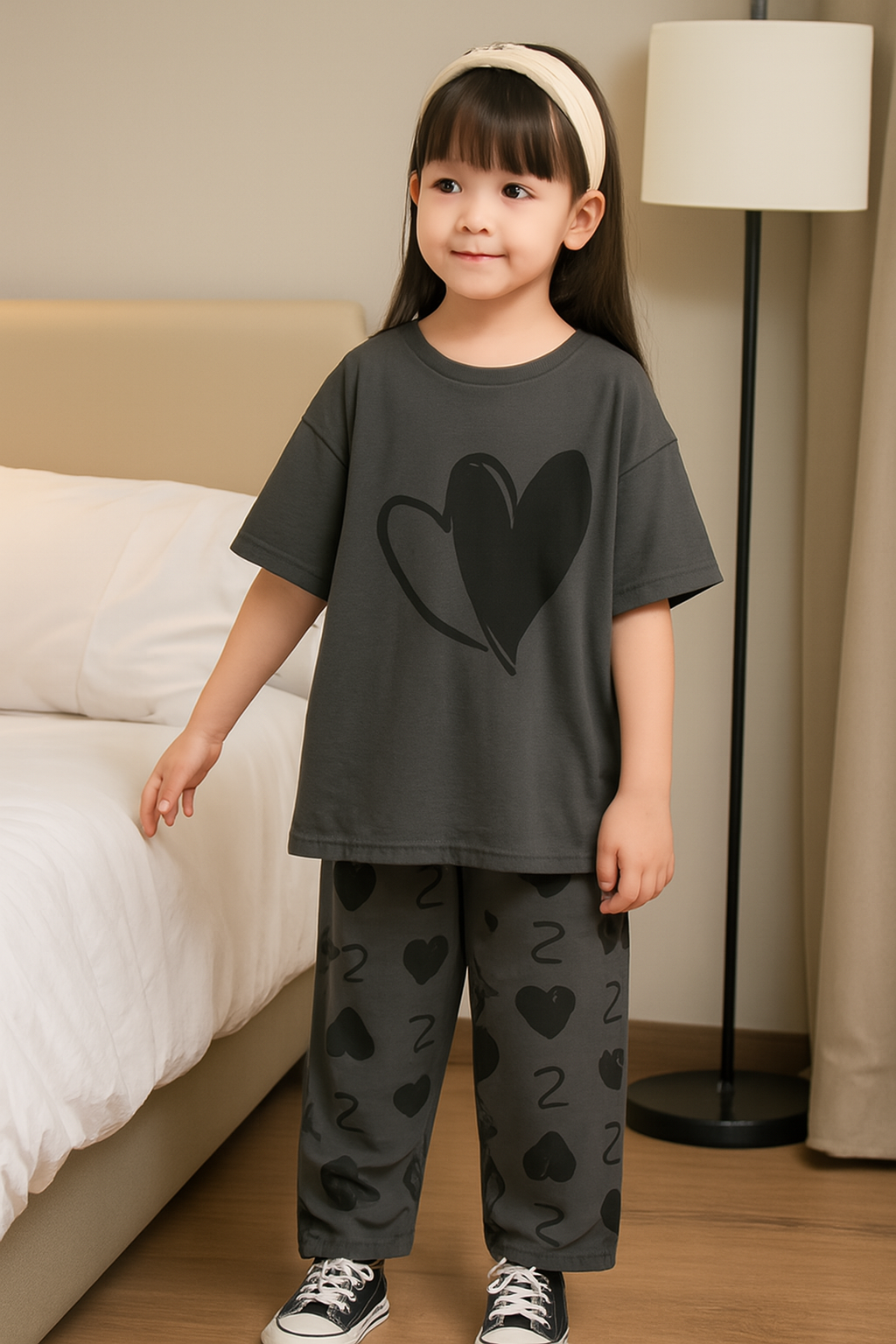 Kids Night Dress – Dark Grey Heart Print Cotton Jersey Sleepwear (Sizes 5 to 14 Years) Stylish Heart Print Nightwear – Soft Cotton Pajama Set