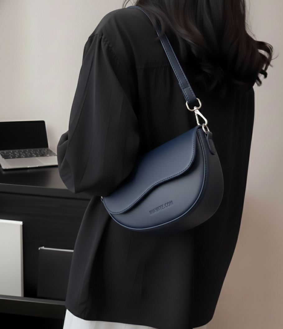 Minimalist Faux Leather Crescent Shoulder Bag - Retro Flap  Handbag with Adjustable Strap
