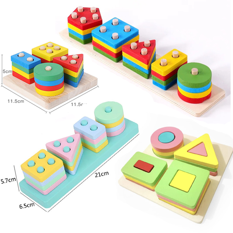 Wooden Geometric Shape Matching 5 Column Blocks Montessori Educational and Learning Toys (16 Pcs & 20Pcs Sets)