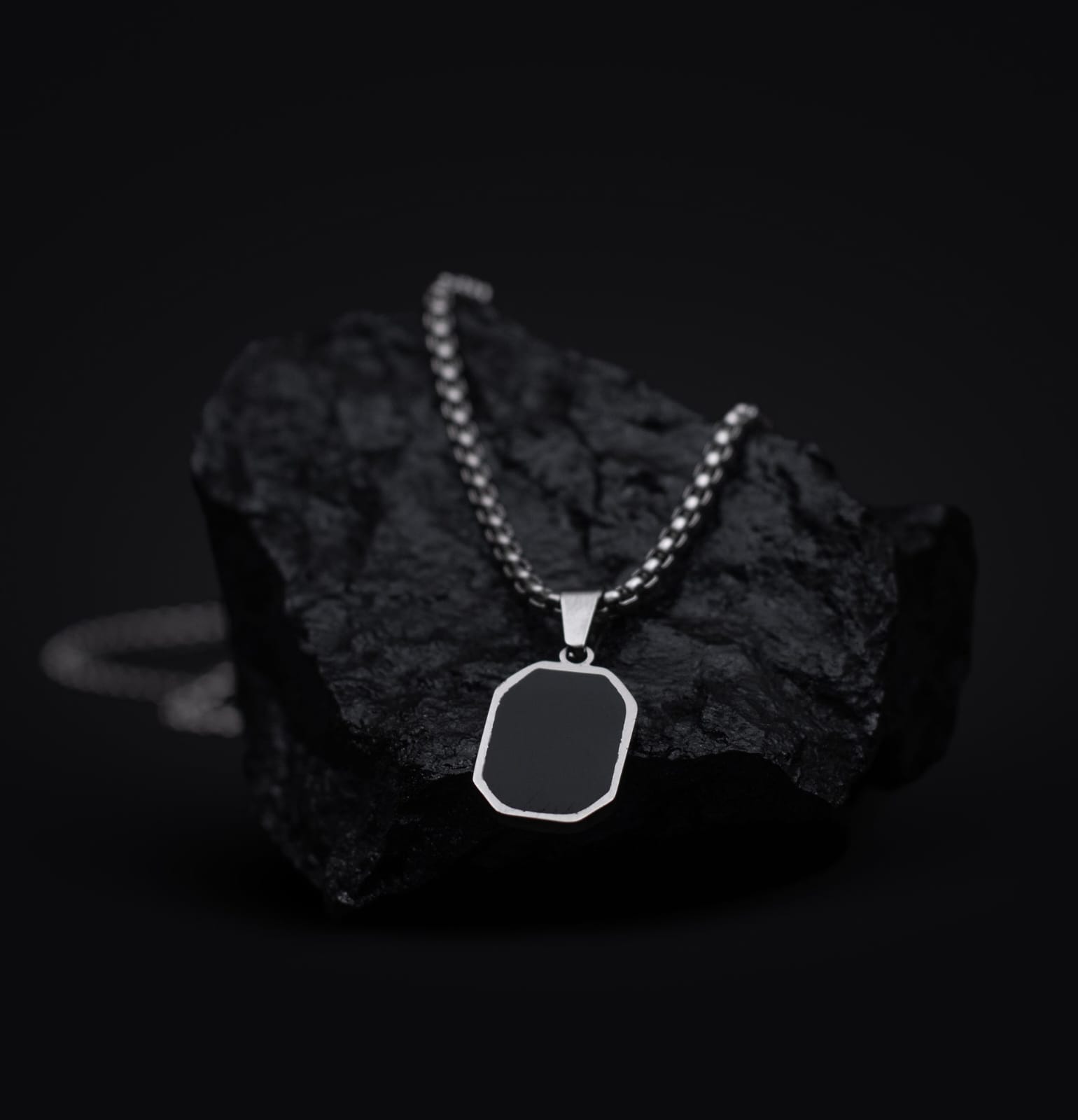 Order Studio Presenting Sleek Black Tag Pendant Necklace With Stainless Steel Chain