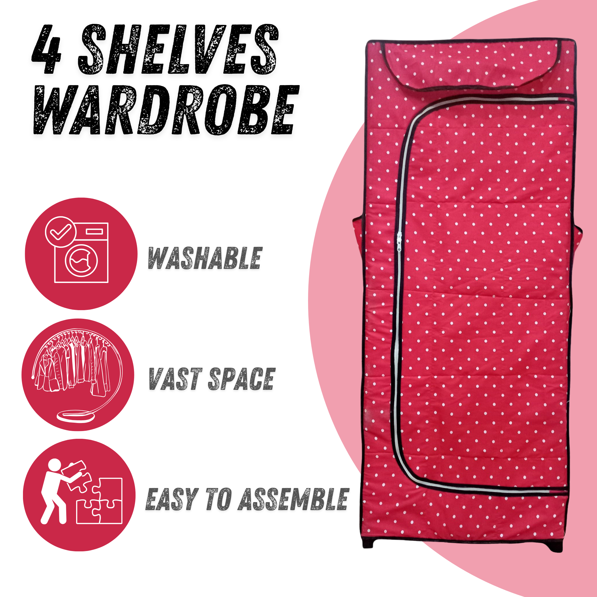 High Quality 4-Shelf Foldable Plastic Wardrobe/Almari  Portable Storage Organizer with Fabric Cover  Easy to Assemble & Dustproof