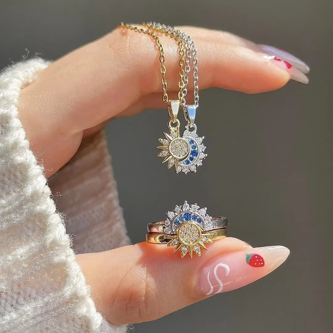 Sun Moon Magnetic Necklace and Ring Set Korean Adjustable for Girls  Skin-Friendly Sparkling Topaz zircon Pendant Chain with Adjustable Clasp / Ring Stylish Daily Wear and Party Jewelry Ideal Gift for Birthdays Anniversaries Weddings or Valentine’s Day.