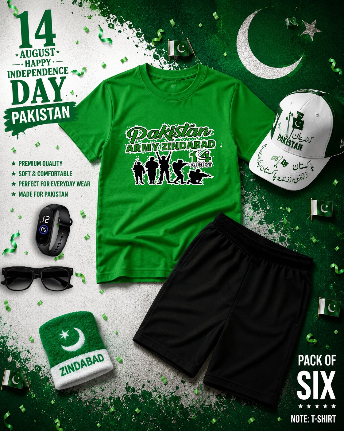 14th August Special Kids Printed Summer Tracksuit Pack of 6  Pakistan Independence Day Outfit  T-Shirt, Shorts, Cap, Hand Band, Sunglasses & Watch  Soft Fine Jersey  Baby Boys & Girls (1-8 Years)