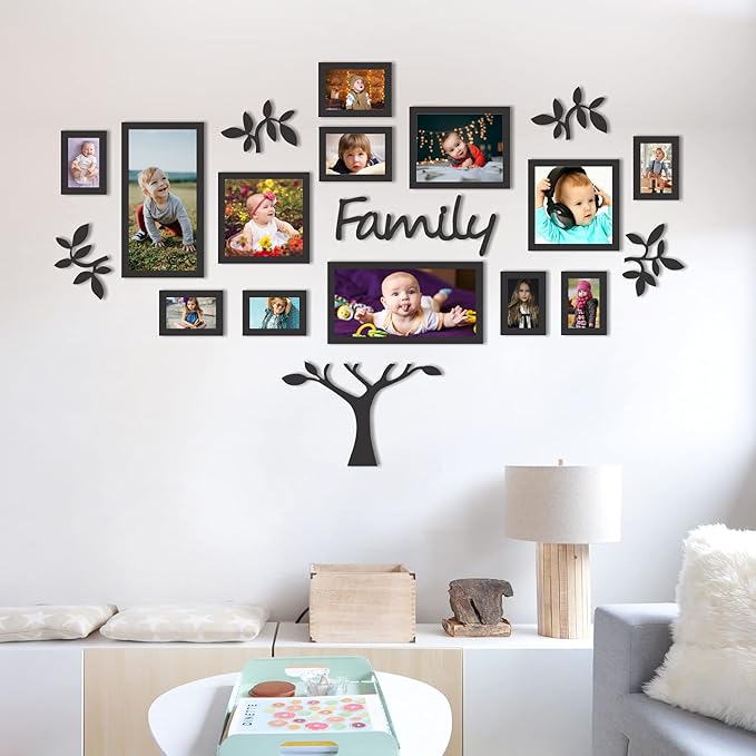 Family Tree Wall Decor with 10-12 MDF Frames, Black Laminated Home and Kids Room Decoration, Gifting Idea (30-40 inch Coverage)