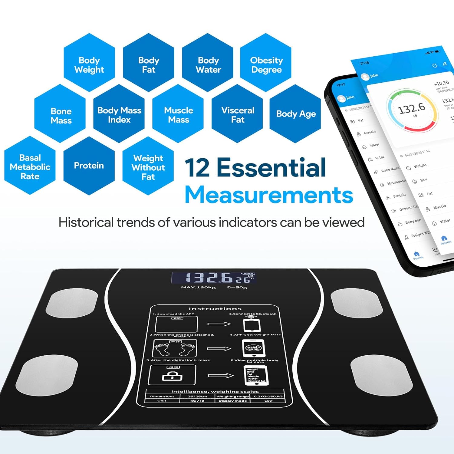 Upto 180kg Bluetooth Weight Machine With App - Smart Digital Body Weight Scale With Bluetooth Weighing Scale App & LED Digital Display - Accurate Body Fat & BMI Measurement Through App - Weighing Machine & Weighing Scale For Household Use