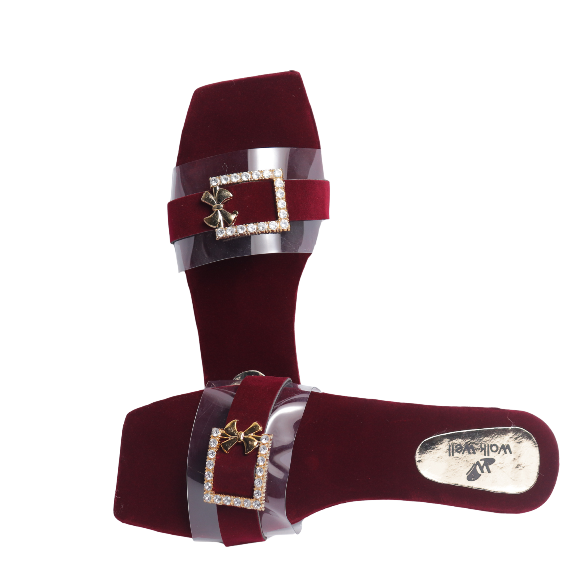 Ladies Velvet Slippers for Women | Fancy Buckle Bow Flat Sandals | Black & Maroon