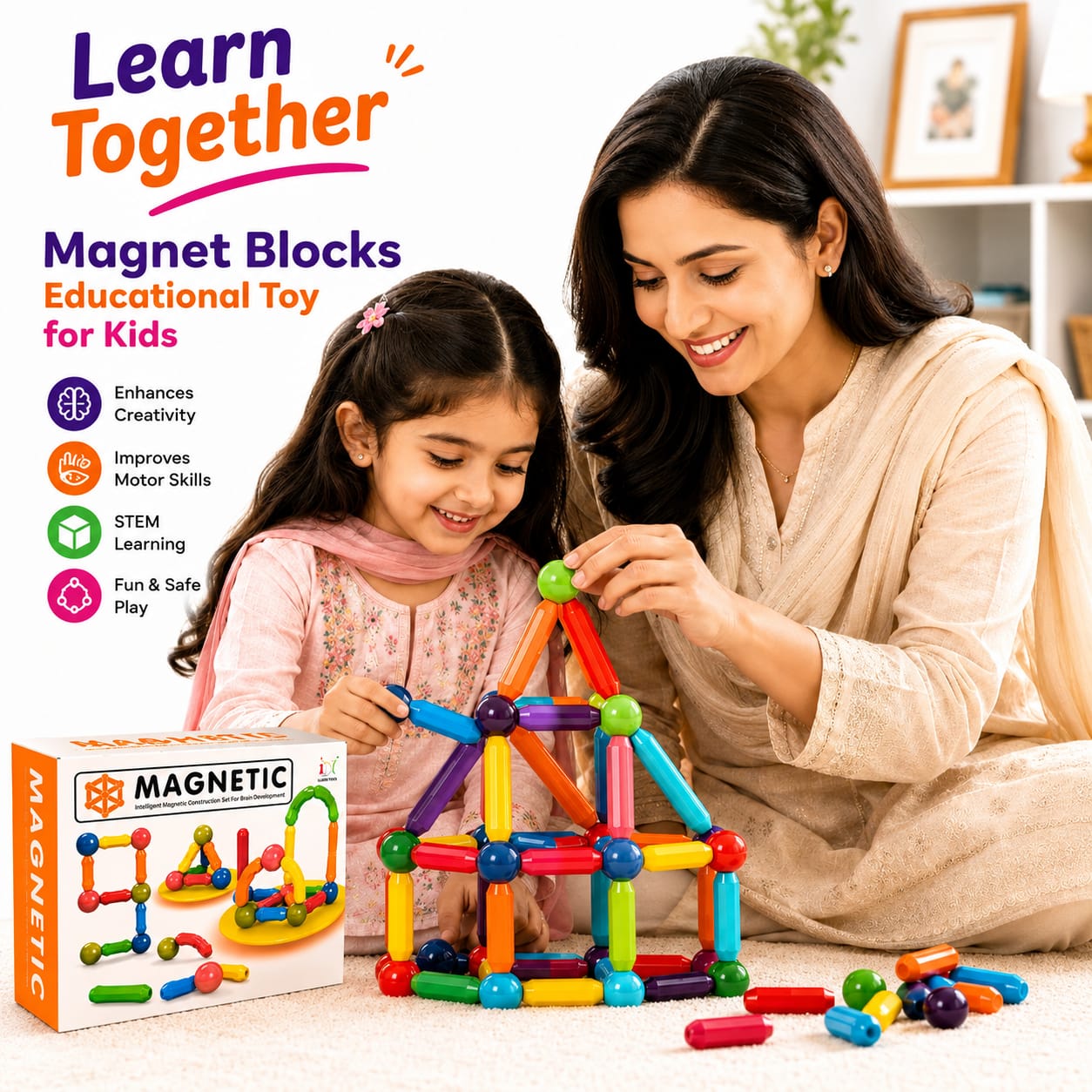 Magnetic Building Blocks Set for Kids | Magnetic Balls & Rods STEM Educational Toy | Magnetic Sticks Construction Building Game | Montessori Learning Toy for Boys & Girls 3+ | 2D 3D Building Blocks