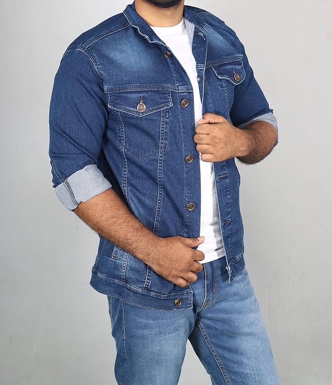 New Casual Chambray Denim Jacket with Button Closure and Collarless Design