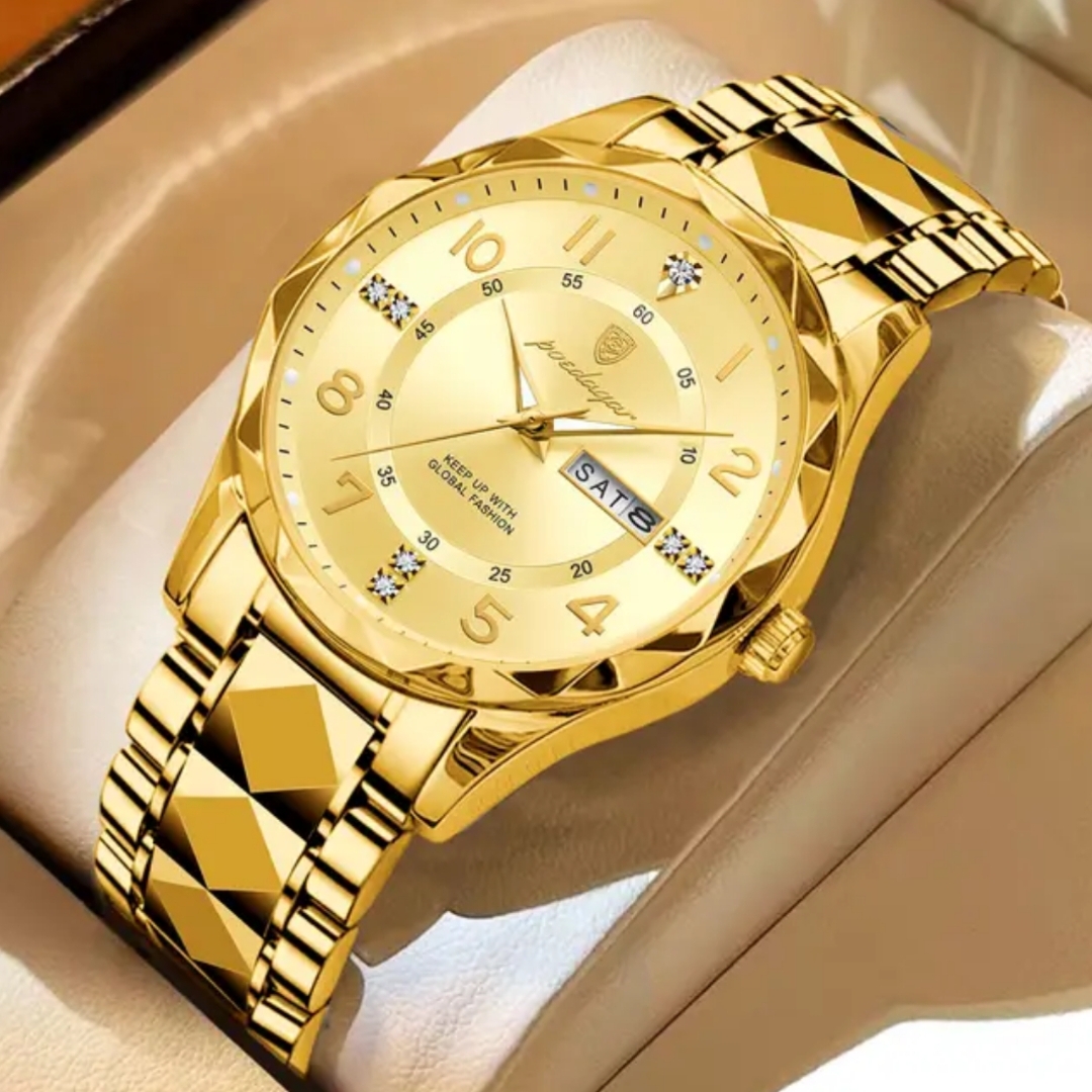High Quality Golden Luxury Men's / Boys Watch Diamond Night Glow Double Calendar Quartz Golden Stainless Steel Fashion Business Watch