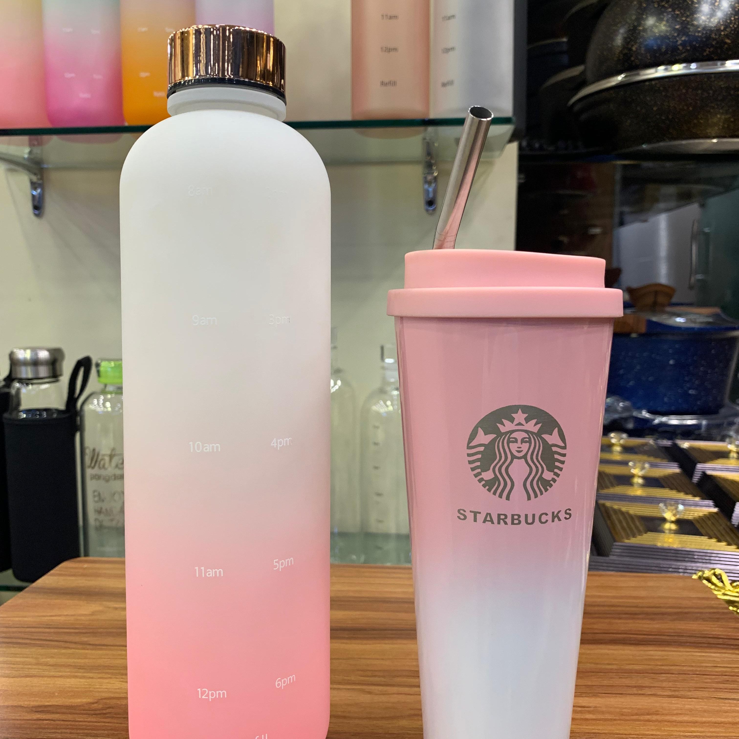 STARBUCKS TUMBLER AND WATER BOTTLE WITH TIME MARKER COMBO OF
