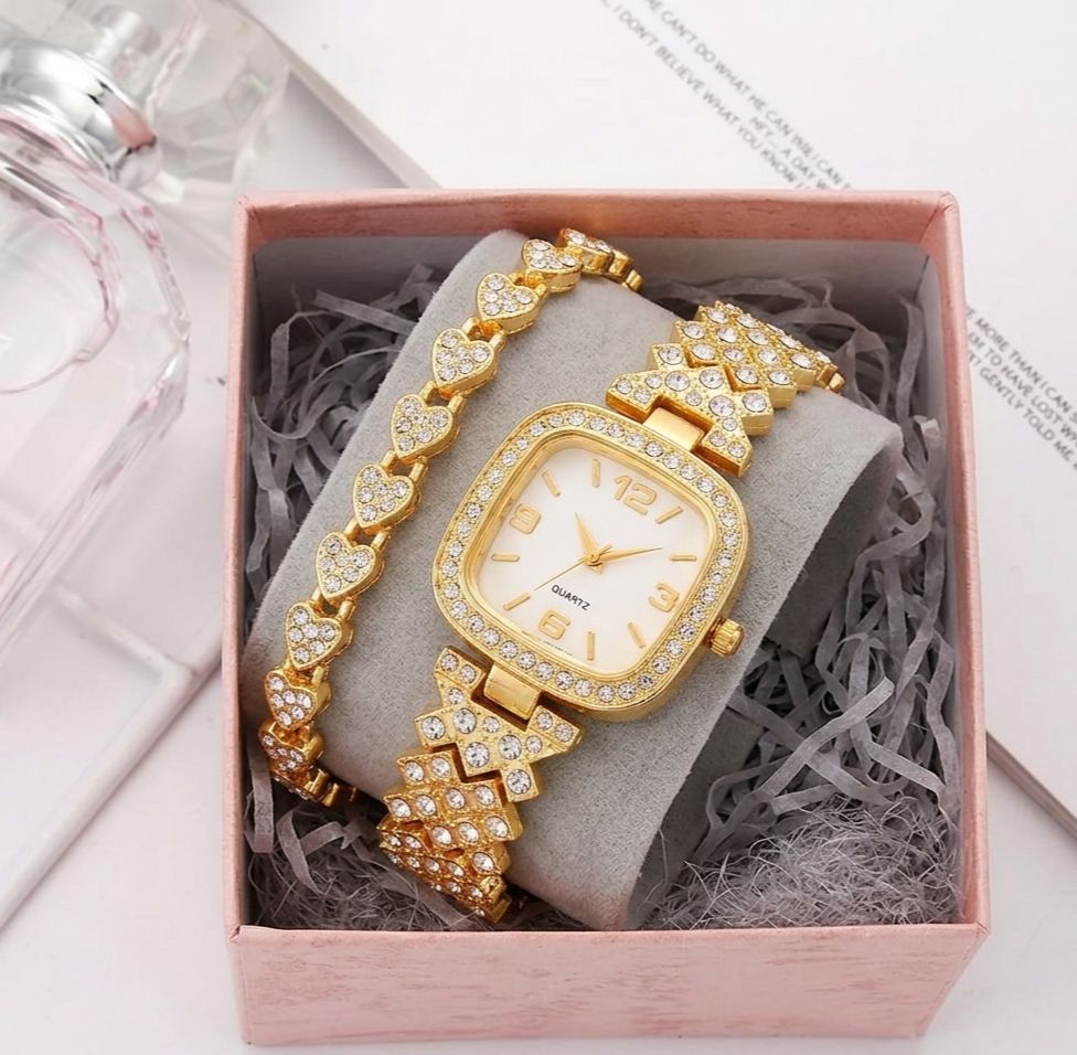 Luxury Rhinestone Women’s Watch Set – Round Dial with Stainless Steel Crystal Chain Strap & Bracelet (2 PCS Gift Set)