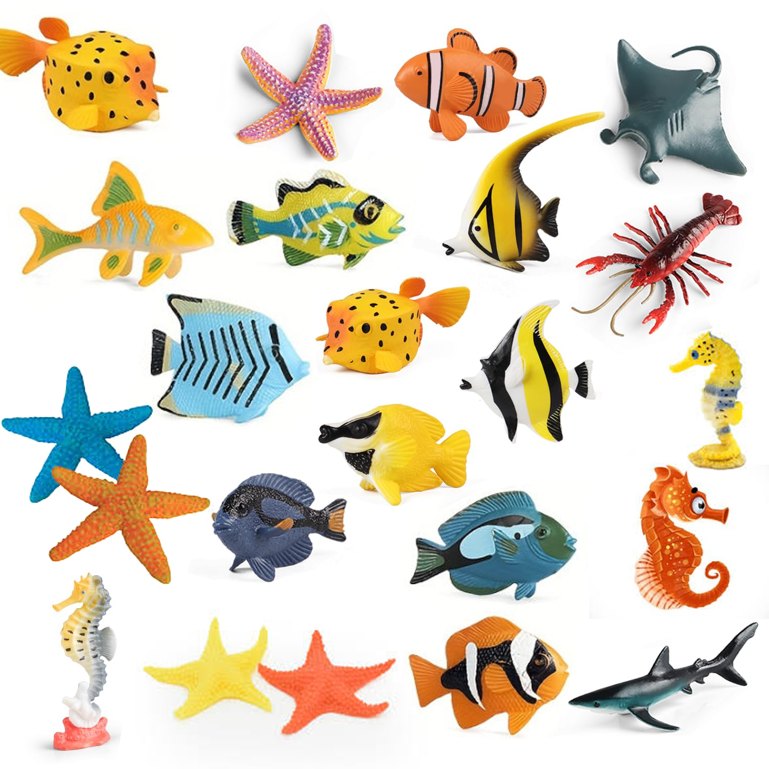 24 Pcs Set - Ocean Creatures Sea Animal Kingdom Toy Set - Silicone Soft Rubber Fish Action Figure Under Water Character World Wild Fishes Animals Jungle Zoo - Big Large Size Animal For Kids Boys Girls Baby Toys