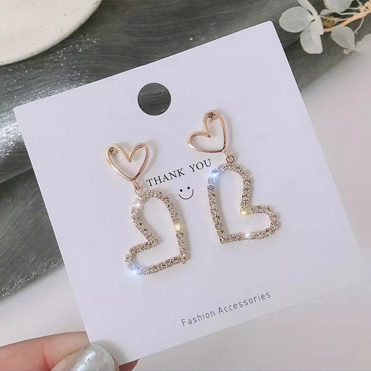 Korean Jewelry Double Love hearts Zircon Geometric Rhinestone Diamond Earrings Girl Woman For Gifts Friends