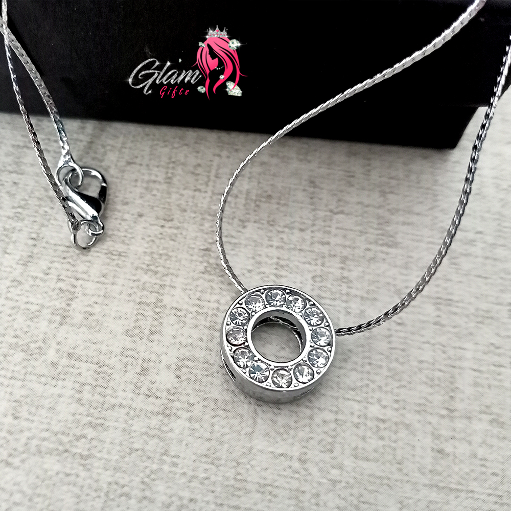 Silver Ring Pendant Necklace Embellished with crystals-Gift Box Included