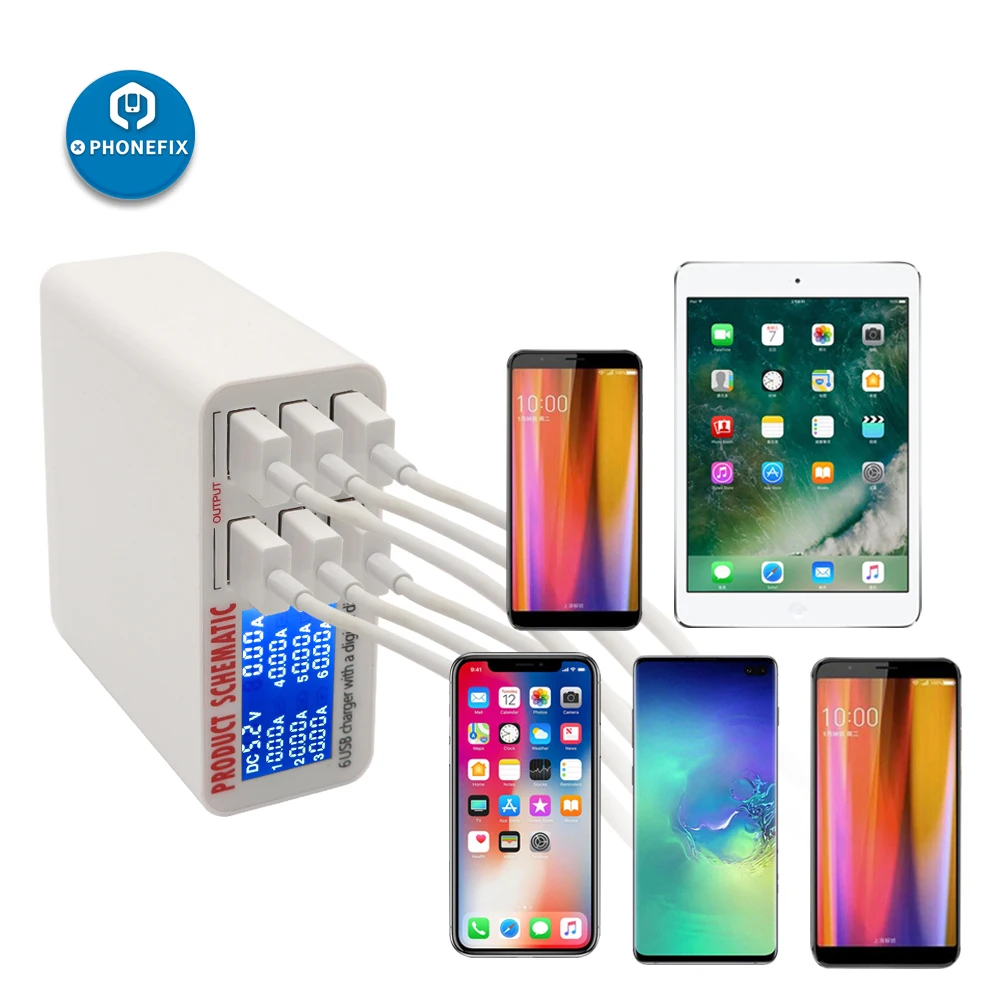 6 Ports USB Smart Phone Charger Individual Screen Display Voltage and Current Multiplexed Universal Fast Charging Head