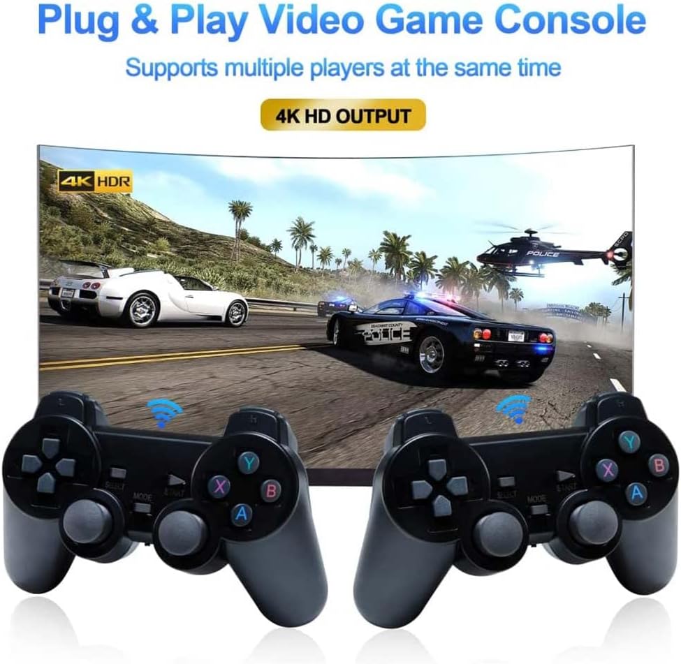 2.4G Wireless Controller Game Stick X2 With 64gb Tf Card Plug and Play Video Game Stick Built in 20000+ Games, 4K High Definition HDMI Output with Two Game Controllers