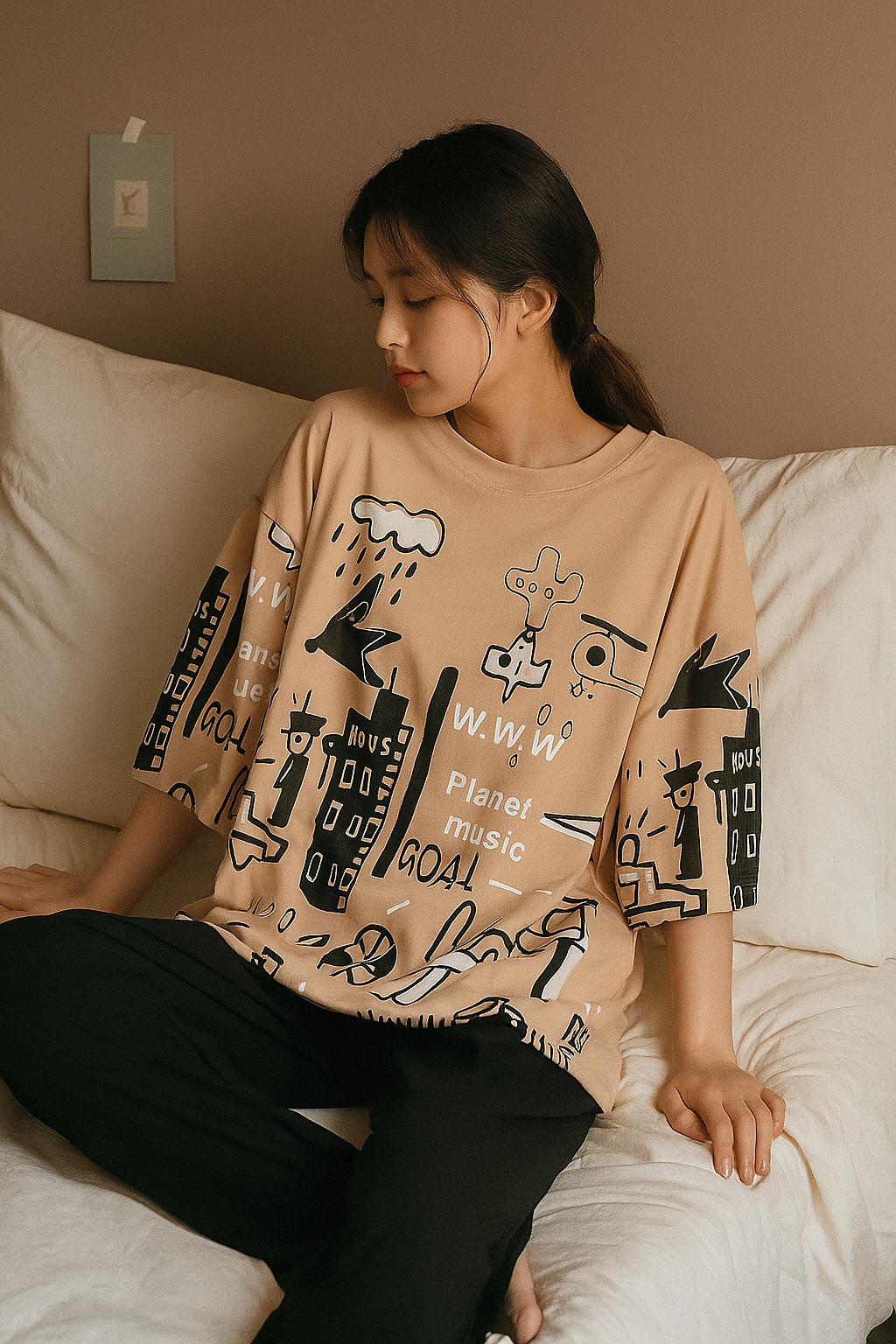 Brown Relax Fit Oversized T-Shirt and Trouser Set for Women & Girls – Summer Cotton Nightwear – Printed Lounge Wear for Home, Sleep & Casual Use – Soft Breathable Fabric – Round Neck Tee with Matching Trousers – Ideal for Girls, Teens, Ladies (S to XL)