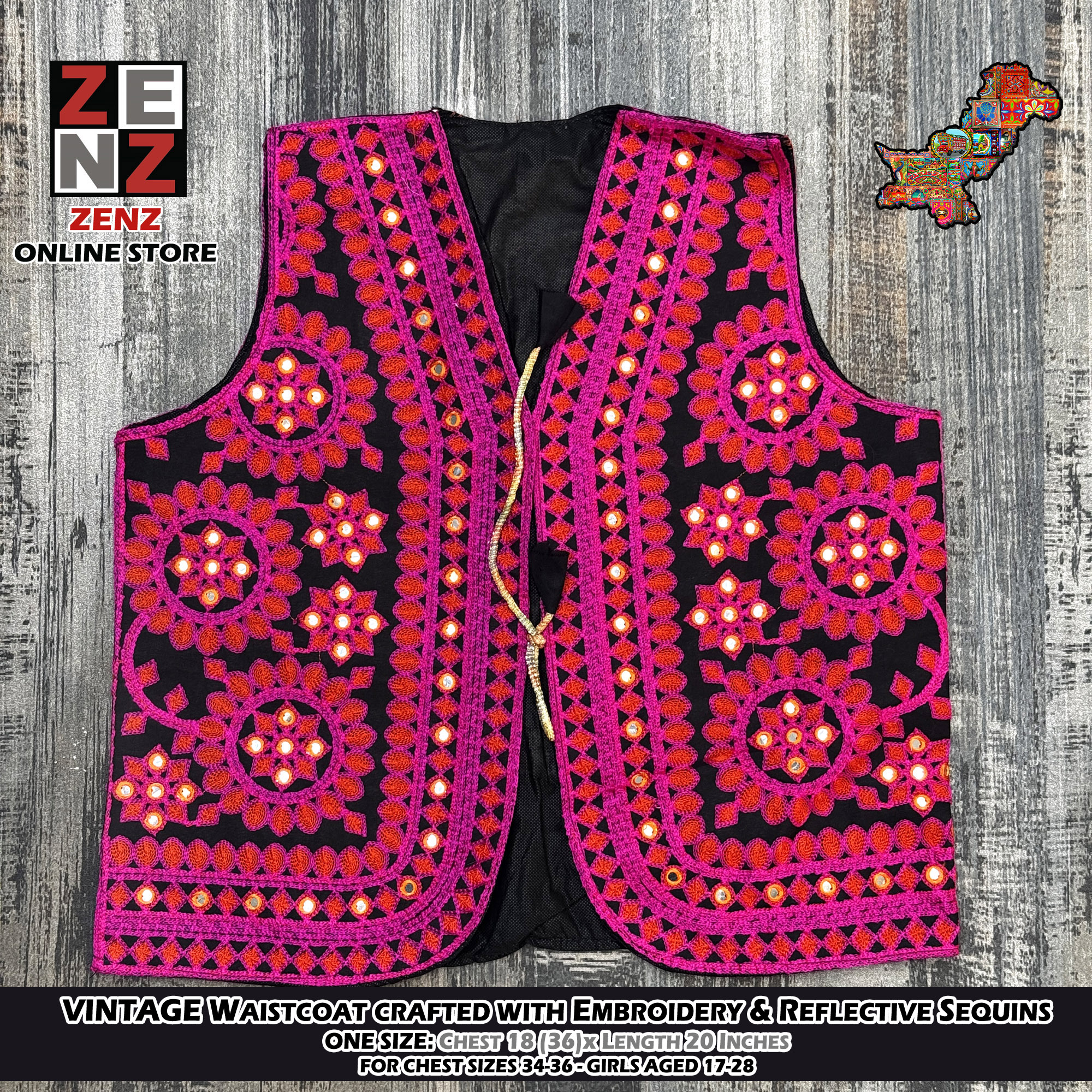 Vintage Pakistani Sindhi Traditional & Cultural Party Wear Waistcoat Koti for Ladies Women Embroidered Multicolour Waist Coat  Gilet by ZENZ Floral Embroidery Size 18 x 20 Inches