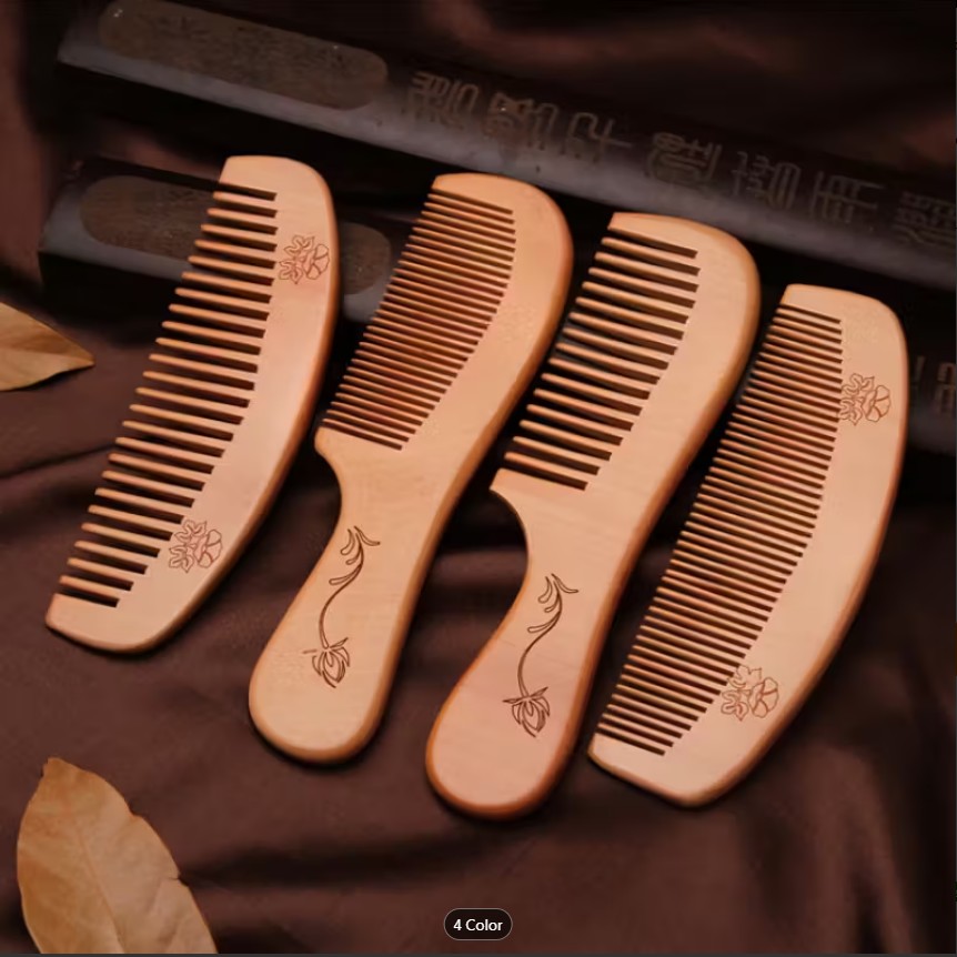 PACK OF 2 SET Thickened Durable Natural Peach Wood Comb – Carved Peach Blossom Anti-Static Wooden Hair Comb with  Handle | Fine-Tooth Hair Styling Comb
