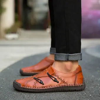 men's hand stitching stylish soft sole slip on loafers casual leather shoes