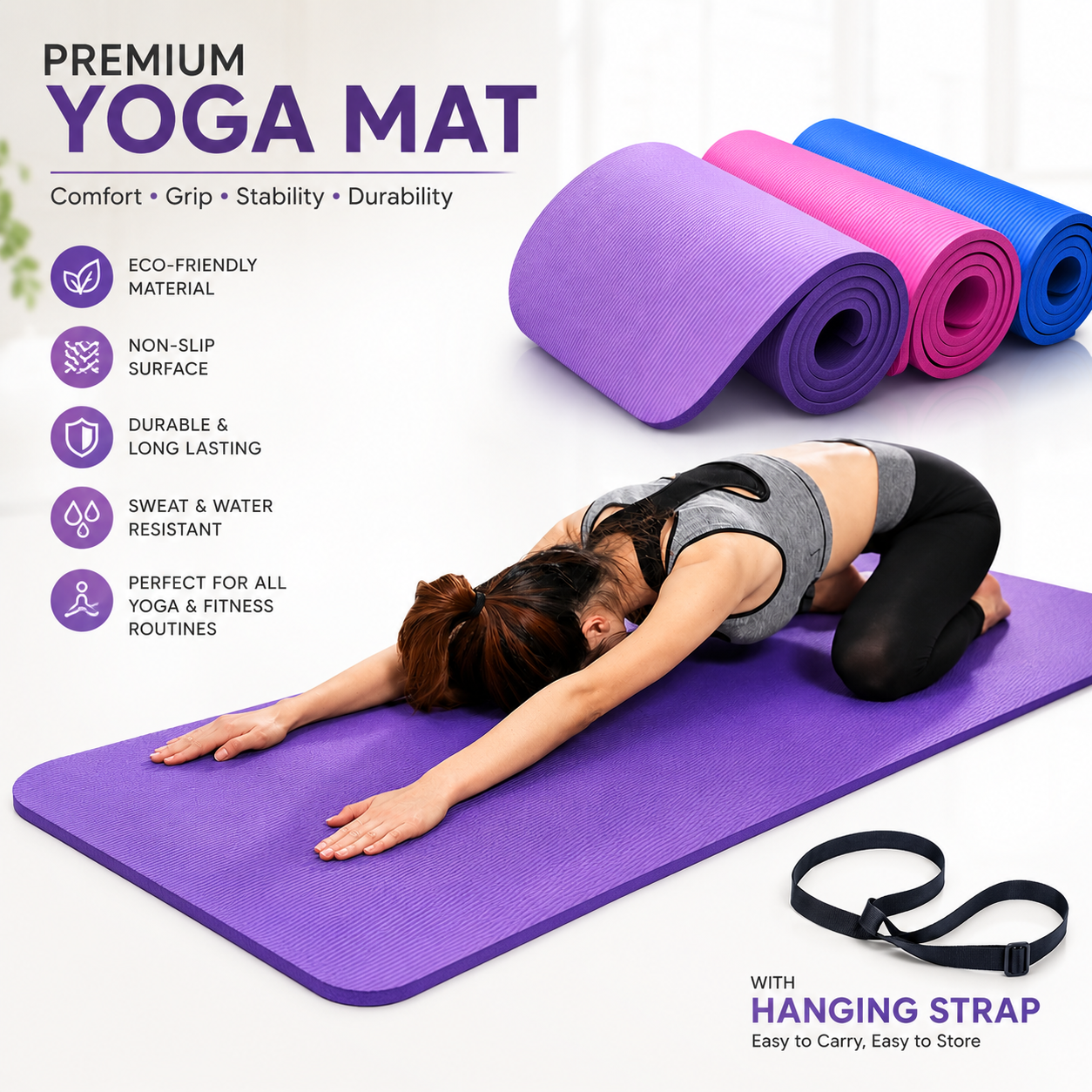 12mm Premium EVA Yoga Mat with Carry Strap – Anti Slip Workout & Exercise Mat