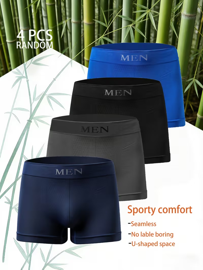 Pack of 4 Men's Seamless Boxer Briefs - Soft Ice Silk Breathable Underwear for Men - Sporty Comfort Trunks with U-Shaped Space - Multicolors