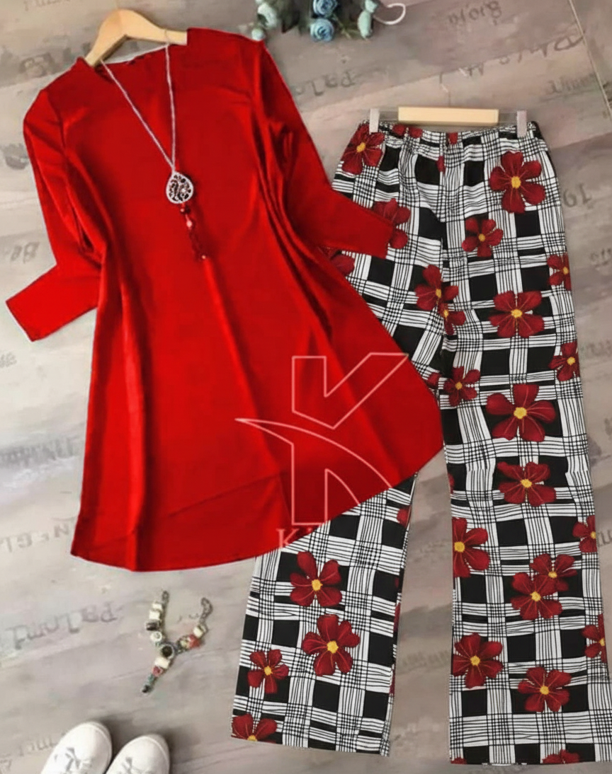 New Plain Kurti And Printed Trouser For Girls And Women