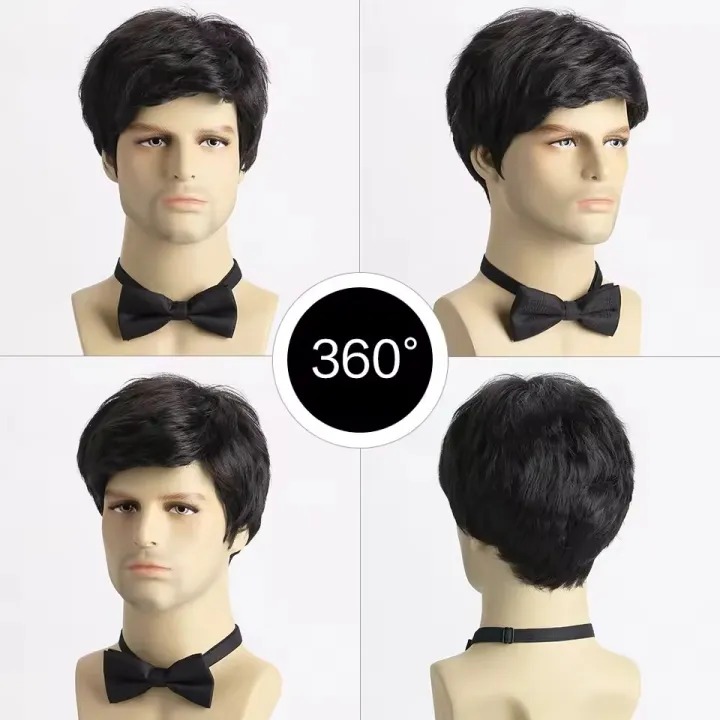 Mens wigs short Shiny black wig men fullfy cosplay synthetic mens wig for male