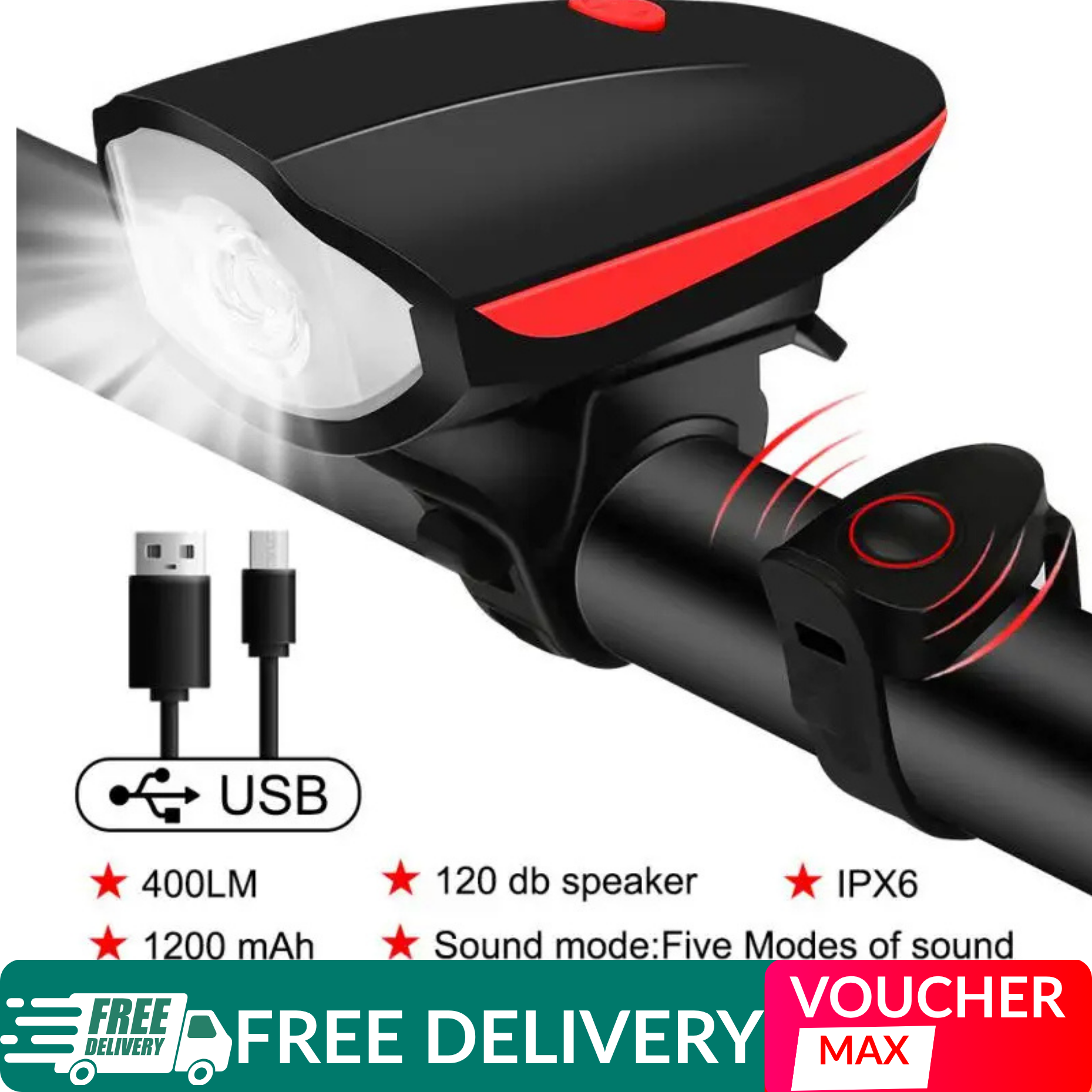 Rechargeable Cycle Light 400LM USB Waterproof IPX6 Bicycle Front Light | High Bright LED Bike Headlight | MTB Road Cycle Safety Light